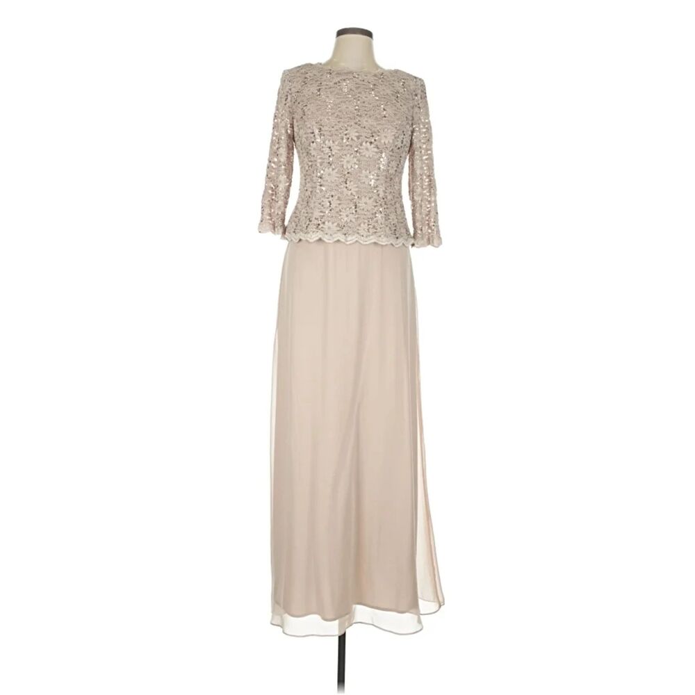 Alex Evenings Long Gown Sequin Lace Bodice & Chiffon Taupe Size 22 W Womens